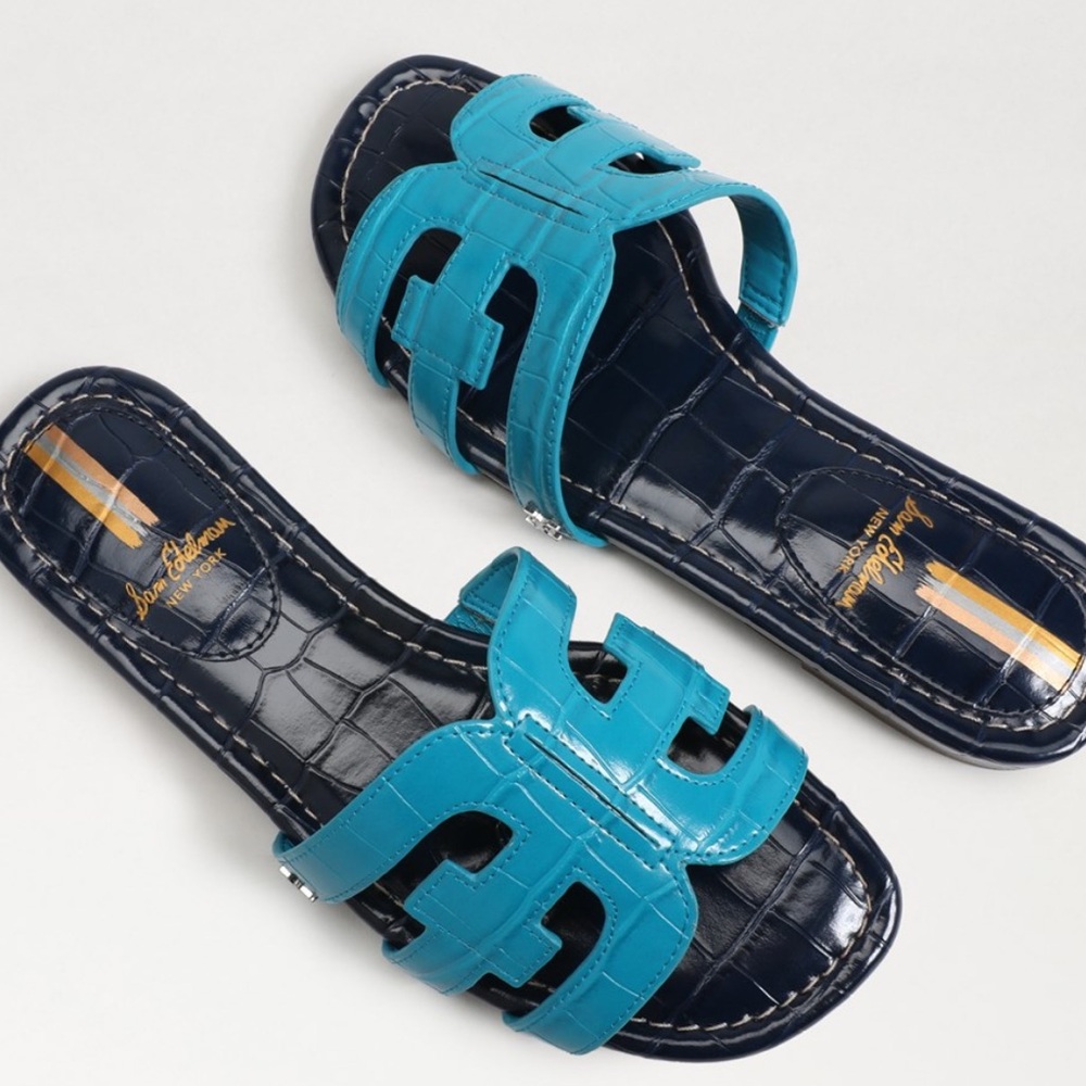 Sam Edelman Blue Teal Patent Slide Sandals